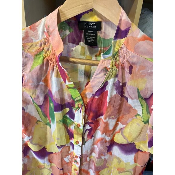 Allison Morgan Sheer Colorful Floral Short Sleeved Button Up Blouse Top Sz S - Picture 4 of 6